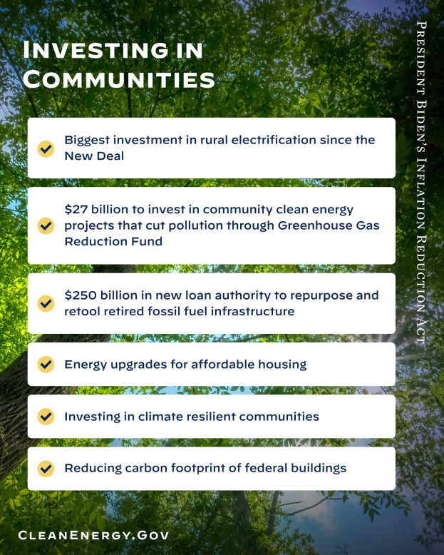 Plakat mit Bäumen und Himmel im Hintergrund, das den Text "Investing in Communities: Größtes Investition in ländliche Elektrizität seit dem New Deal" zeigt.
