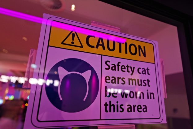 Ein Warnschild in einem Schaufenster zeigt "Vorsicht: Sicherheitskatzenohren müssen in diesem Bereich getragen werden".