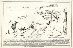 Ein Vintage-Stil-Papier mit einem gedämpften Blau- und Grau-Farbschema zeigt eine Zeichnung von zwei Hunden, die einen Skelett flankieren, mit der Inschrift "Der wilde Jägersmann der Wüste bei der Arbeit" in fetter Schrift.