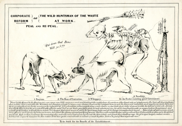 Ein Vintage-Stil-Papier mit einem gedämpften Blau- und Grau-Farbschema zeigt eine Zeichnung von zwei Hunden, die einen Skelett flankieren, mit der Inschrift "Der wilde Jägersmann der Wüste bei der Arbeit" in fetter Schrift.