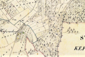 Ausführliche alte Karte von Kefendorf mit Straßen, Gebäuden, Sehenswürdigkeiten und Text mit zusätzlichen Informationen zur Stadt.