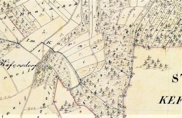 Ausführliche alte Karte von Kefendorf mit Straßen, Gebäuden, Sehenswürdigkeiten und Text mit zusätzlichen Informationen zur Stadt.