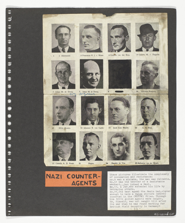 Ein Schwarz-Weiß-Foto eines Mannes im Anzug und Krawatte mit dunklem, zurückgekämmtem Haar, der direkt in die Kamera schaut und einen ernsten Ausdruck hat, mit den Worten 'Nazi-Gegenspionage' auf dem Bild.