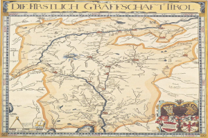 Ein detailliertes historisches Poster der ersten Grafschaft Tirol-Karte, das geografische Merkmale wie Flüsse, Berge und Städte zeigt, mit begleitendem Text über die Region und ihre Bewohner.