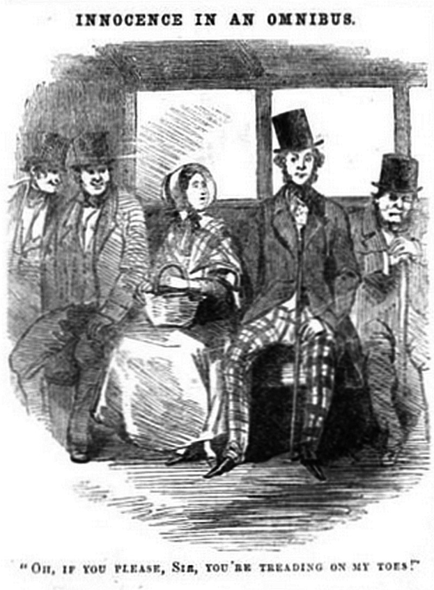 Eine Gruppe von Menschen in einem Zug, mit einer Frau in einem langen Kleid und Hut, die einen Korb hält, umgeben von besorgten Passagieren, die zu ihr hinsehen, unter der Überschrift "Unschuld in einer Omnibus."
