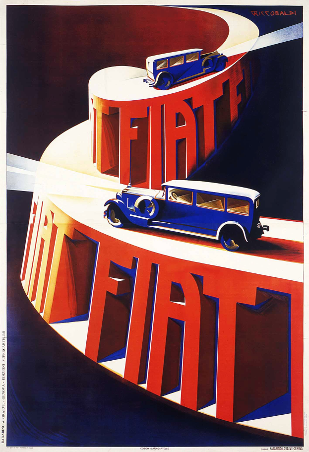 Plakat, das Fiat-Autos bewirbt, mit einem blauen Auto links und einem roten Auto rechts mit Text darauf.
