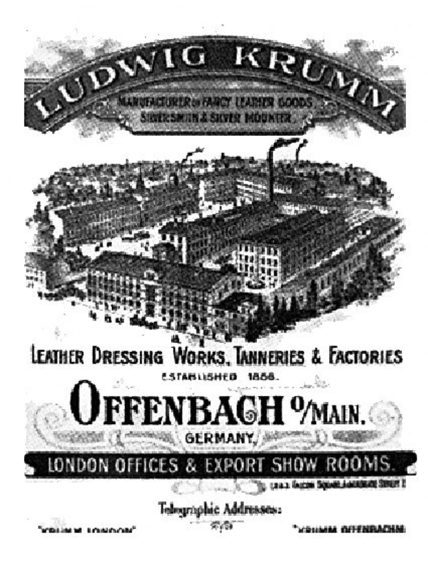 Ein Schwarz-Weiß-Bild eines Gebäudes mit dem Text "Ludwig Krumm Ledergerberei & Fabriken, Offenbach, Deutschland" darauf.