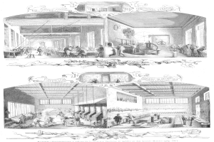 Schwarze und weiße Zeichnung einer Fabrik mit Arbeitern, mit zusätzlichen Bildern und Text oben und unten.