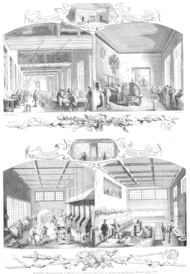 Schwarze und weiße Zeichnung einer Fabrik mit Arbeitern, mit zusätzlichen Bildern und Text oben und unten.