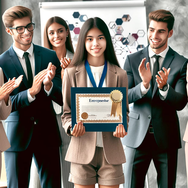 Eine Gruppe von Menschen in einem beruflichen Setting klatscht und feiert, während eine Frau in der Mitte ein Zertifikat hält und eine Medaille um den Hals trägt.