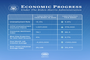 Ein blauer Hintergrund mit weißer Schrift und einem weißen Kreis-Logo mit schwarzem Rand, beide zentriert, mit der Aufschrift "wirtschaftlicher Fortschritt unter der Biden-Harris-Regierung."