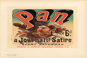 Ein Plakat mit einer Person mit kurzen, dunklen Haaren in einem weißen Hemd, mit einem ernsten Gesichtsausdruck und der Aufschrift "Pan: Eine Satirezeitschrift" in fetter, schwarzer Schrift.