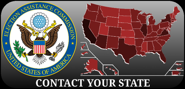 Logo mit der Aufschrift "Kontaktieren Sie Ihren Staat" über einem wappenförmigen Emblem mit blauem Hintergrund, weißer Stern und weißer Umrandung, gefolgt von einer Karte der Vereinigten Staaten und der Aufschrift "Election Assistance Commission" in fetter schwarzer Schrift.