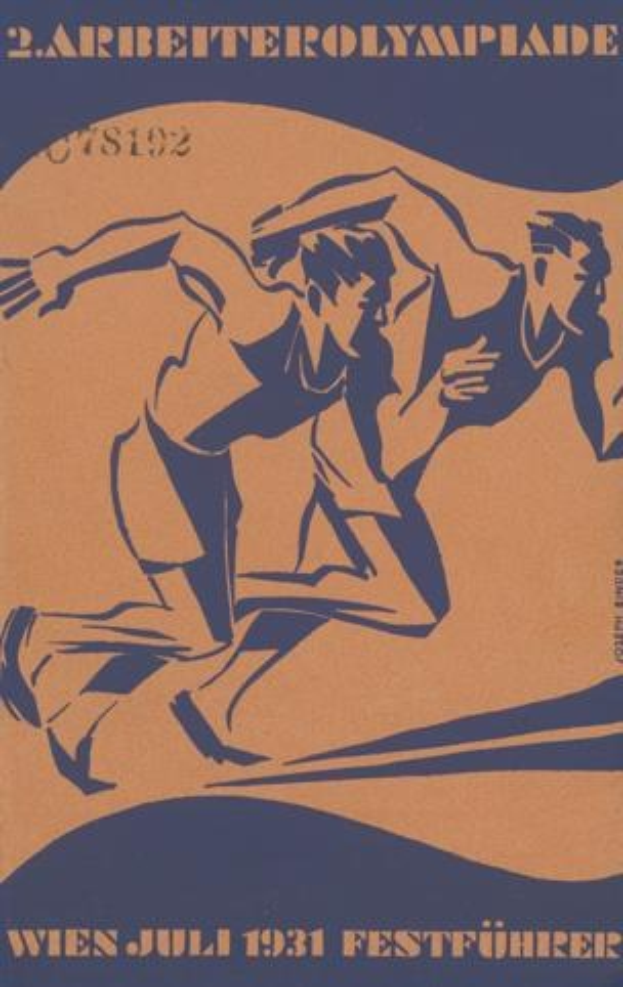 Plakat für die Olympischen Spiele in Berlin 1932, das zwei Läufer im Vordergrund zeigt.