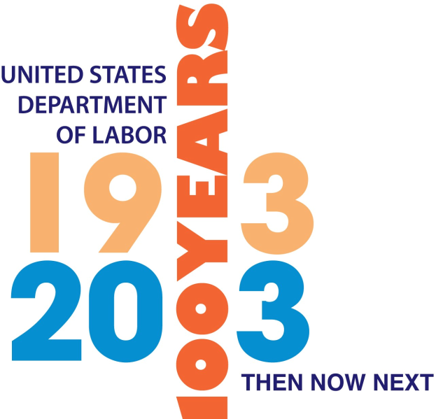 Das Logo des United States Department of Labor mit einem blauen Kreis mit einem weißen Stern, einem weißen Rand und dem Text "1933 dann jetzt nächsten" in fetter schwarzer Schrift darunter.