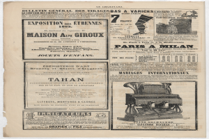 Eine alte Zeitung mit einem zentralen Bild einer Maschine, umgeben von Text.