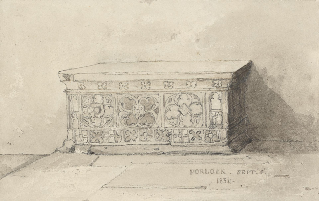 Ein hölzerner Sarg aus dem Jahr 1834 mit kunstvollen Verzierungen auf seinem rechteckigen Deckel und Körper.