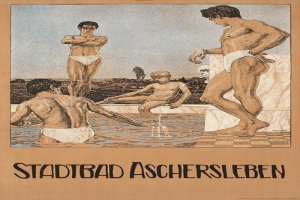 Plakat, das ein Schwimmbad in Aschersleben, Deutschland, zeigt, mit Menschen im Wasser und Text über die Einrichtungen des Bades.