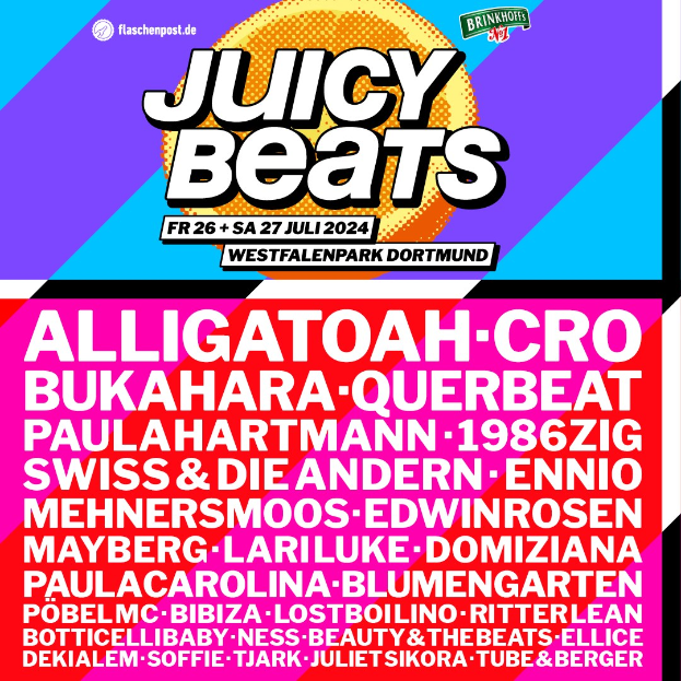 Ein lebendiger Plakat mit 'Juicy Beats Festival' in fetter schwarzer Schrift auf einem hellgelben Hintergrund, umgeben von einem schwarzen Rand und mit bunten Bildern von einem Mikrofon, einem Plattenspieler und einem Mikrofonständer.