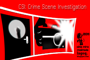 Ein rotes Plakat mit "CSI Crime Scene Investigation" in fetter weißer Schrift, das einen Menschen in einer schwarzen Kapuzenjacke mit entschlossener Miene zeigt, umgeben von einem schwarzen und weißen Rand, vor einem dunklen blauen Hintergrund.