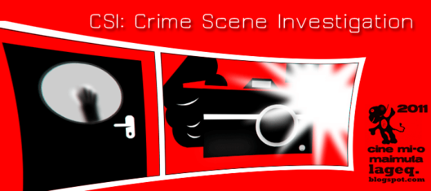 Ein rotes Plakat mit "CSI Crime Scene Investigation" in fetter weißer Schrift, das einen Menschen in einer schwarzen Kapuzenjacke mit entschlossener Miene zeigt, umgeben von einem schwarzen und weißen Rand, vor einem dunklen blauen Hintergrund.