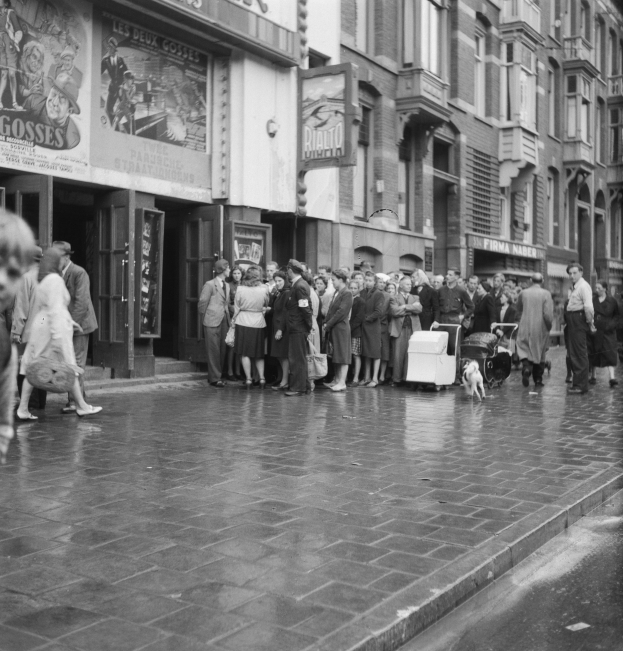 Schwarzes und weißes Foto einer Menge auf einer Straße mit einem Hund im Vordergrund, Gebäuden mit Fenstern und Plakaten im Hintergrund und einer Ampel an einem Mast.
