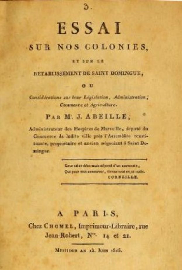 Umschlag eines alten Buches mit dem Titel "Essai sur nos Colonies, et sur l'Établissement de Saint Dominique", wahrscheinlich eine Sammlung von Essays zur französischen Kolonialgeschichte und -kultur.