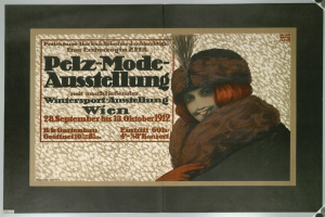 Ein Plakat, das ein Wintersport-Event in Wien, Österreich, bewirbt und eine lachende Frau in einem Pelzmantel und Hut zeigt, mit Event-Informationstext.