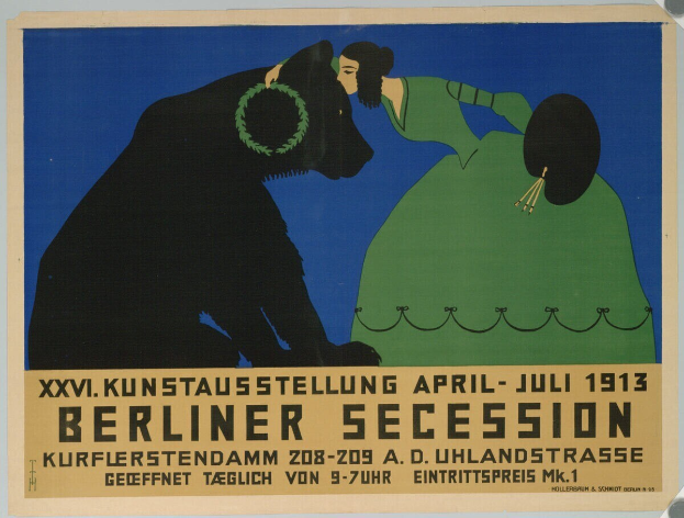 Plakat für die Berliner Secession im Jahr 1913, das eine Frau und einen Hund mit Text zeigt, der eventuelle Details enthält.