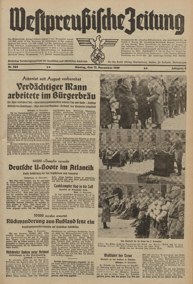 Eine alte deutsche Zeitungsvorderseite vom 13. November 1939, betitelt 'Weitpreubliche Zeitung', mit einer Gruppe von Menschen in traditioneller deutscher Tracht, die scheinbar feiern.