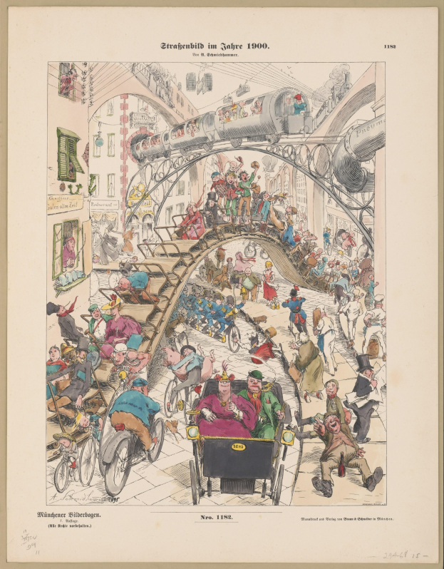 Eine Schwarz-Weiß-Illustration eines überfüllten Bahnhofs aus dem Jahr 1900, eingerahmt von einem Photo-Rahmen, mit Menschen, die Zeichen von Unruhe zeigen.